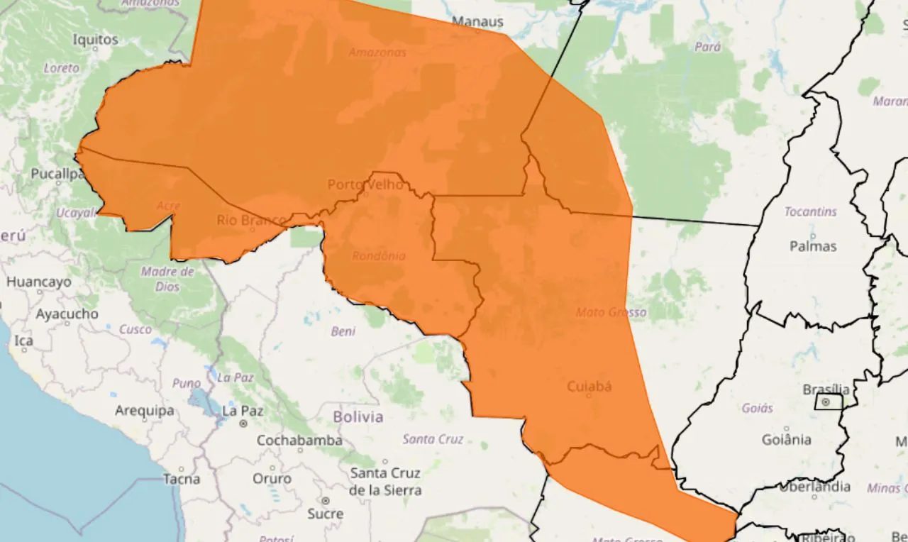 A imagem mostra as área em alerta para chuva intensa